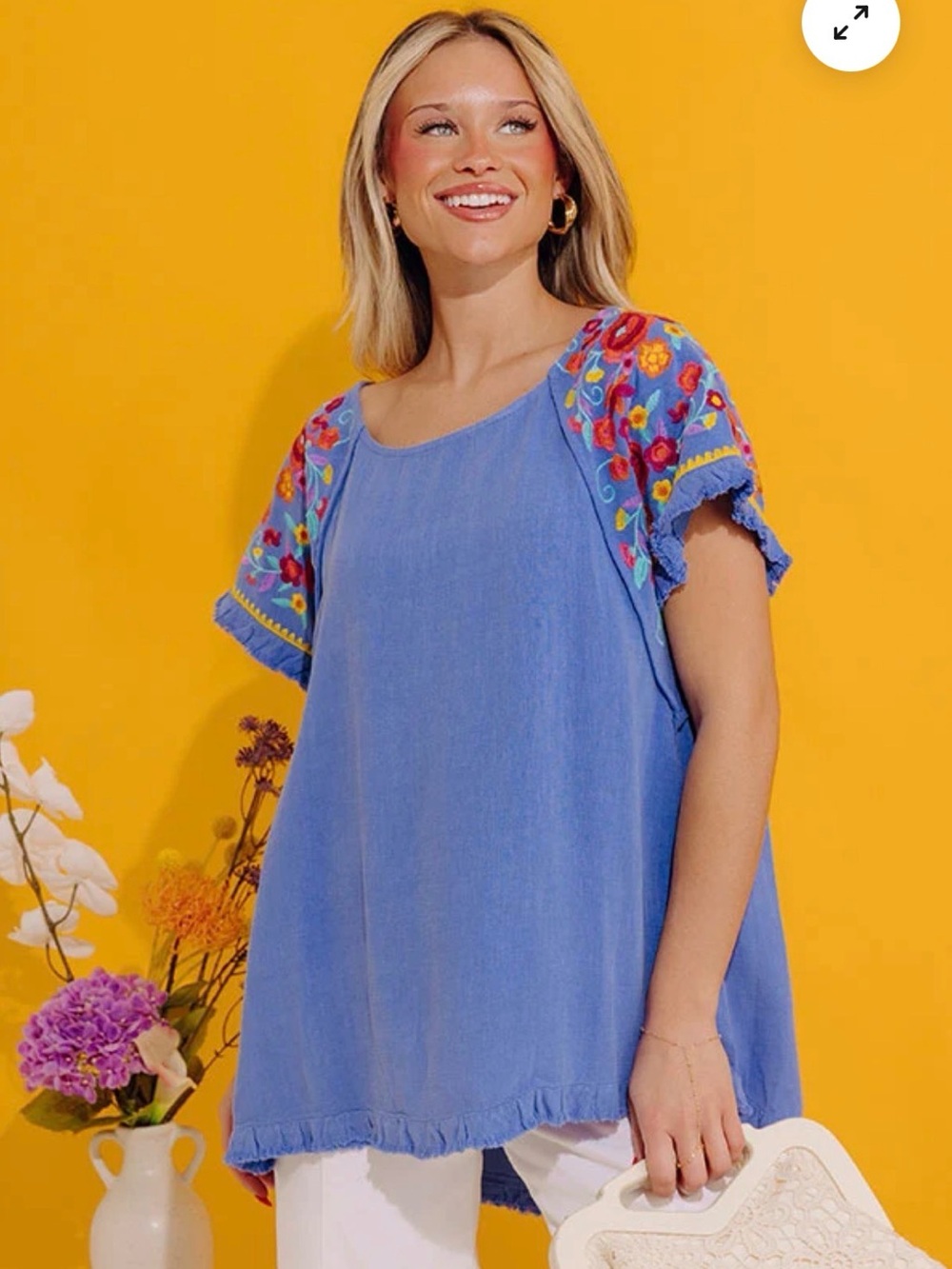 Umgee Blue Embroidered Flutter Sleeve Blouse